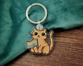 Cute cat keychain with rainbow flag - LGBTQIA+ Pride Keychain, Kawaii Cat Illustration, queer pride PrideCat