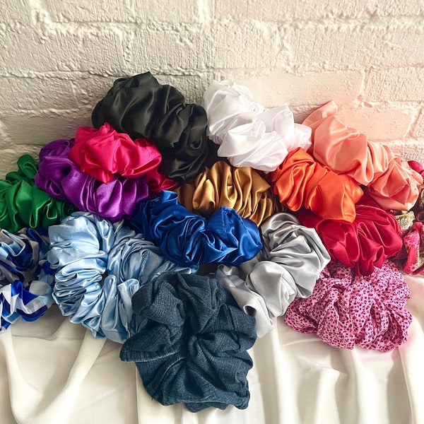 Super Jumbo Deluxe Satin Hair Scrunchies, Denim Scrunchies, Organza Scrunchies, Statement Hair Accessories for Thick Hair, Braids, and Locs