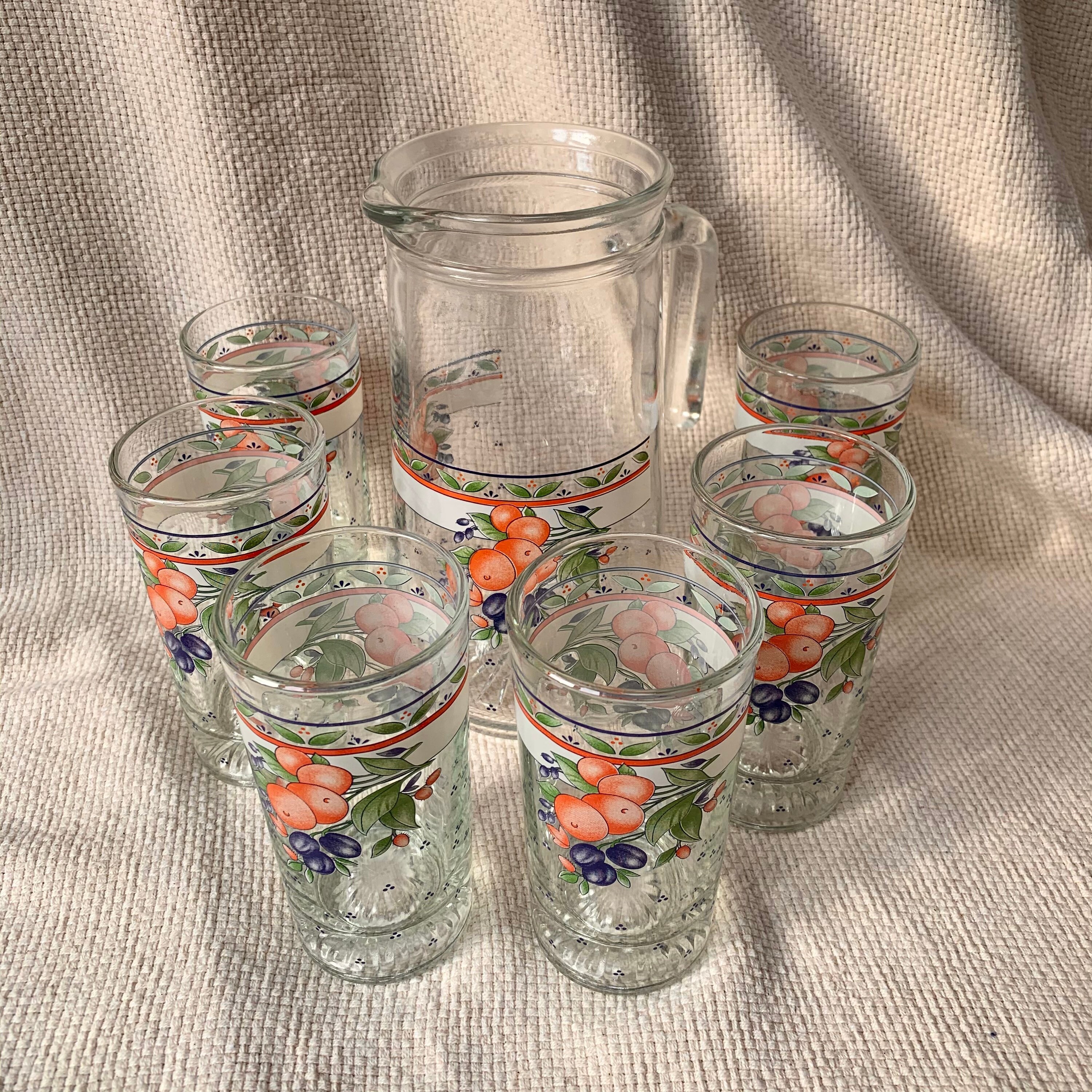 Vintage Glass Pitcher Jug and Glasses Tumblers Set Fruit Etsy