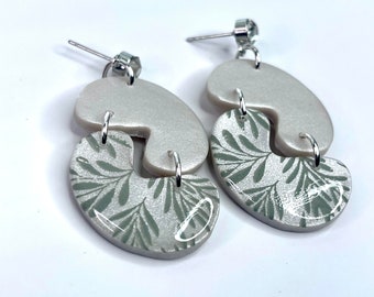 Sage Pearl Abstract Polymer Clay Earrings