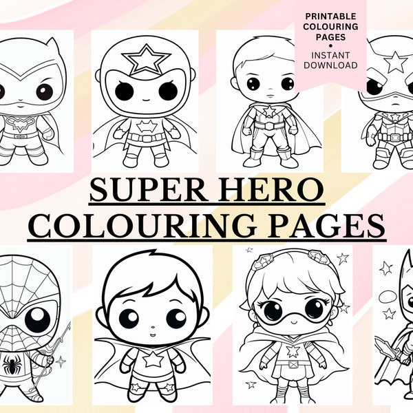 15 Super Hero Colouring Pages, Instant Download, Kids Activities, Kids Colouring, Printable PDF, Cute Kawaii, Adult Colouring