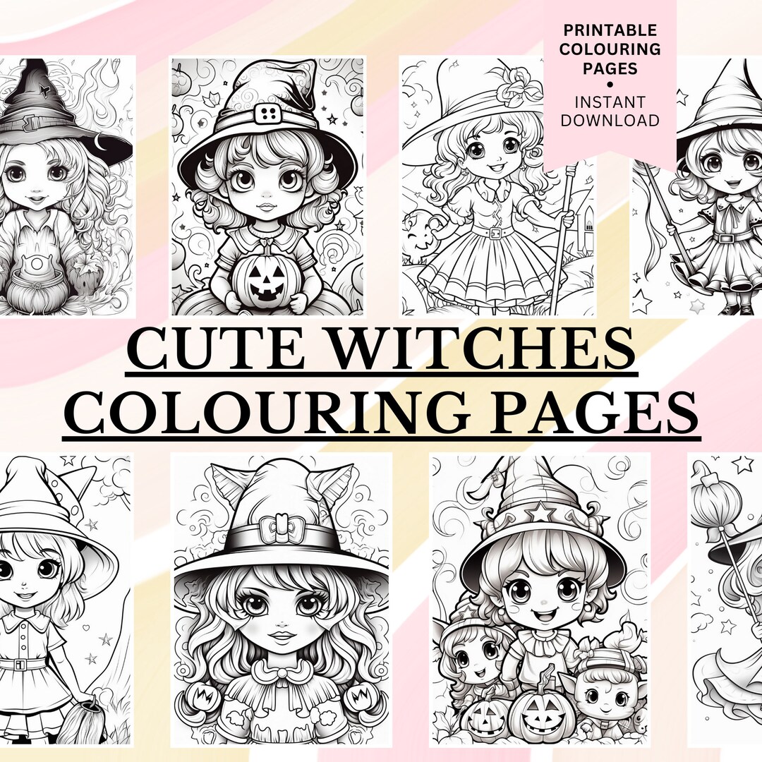 60 Cute Witches Colouring Pages, Instant Download, Grayscale Colouring