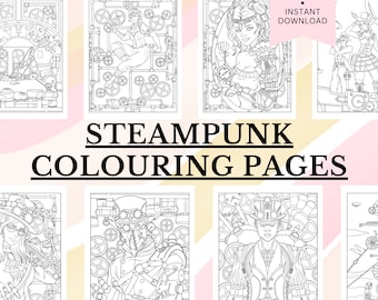 30 Steampunk Colouring Pages, Instant Download, Kids Colouring, Printable PDF, Adult Colouring, Activity Sheets, Colouring Book