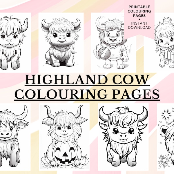 50 Cute Highland Cow Colouring Pages, Instant Download, Grayscale Colouring, Kids Colouring, Printable PDF, Cute Kawaii, Adult Colouring