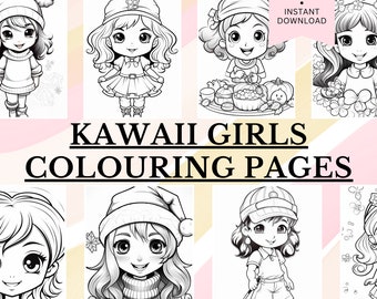 45 Kawaii Girls Colouring Pages, Instant Download, Grayscale Colouring, Kids Colouring, Printable PDF, Cute Kawaii, Adult Colouring.