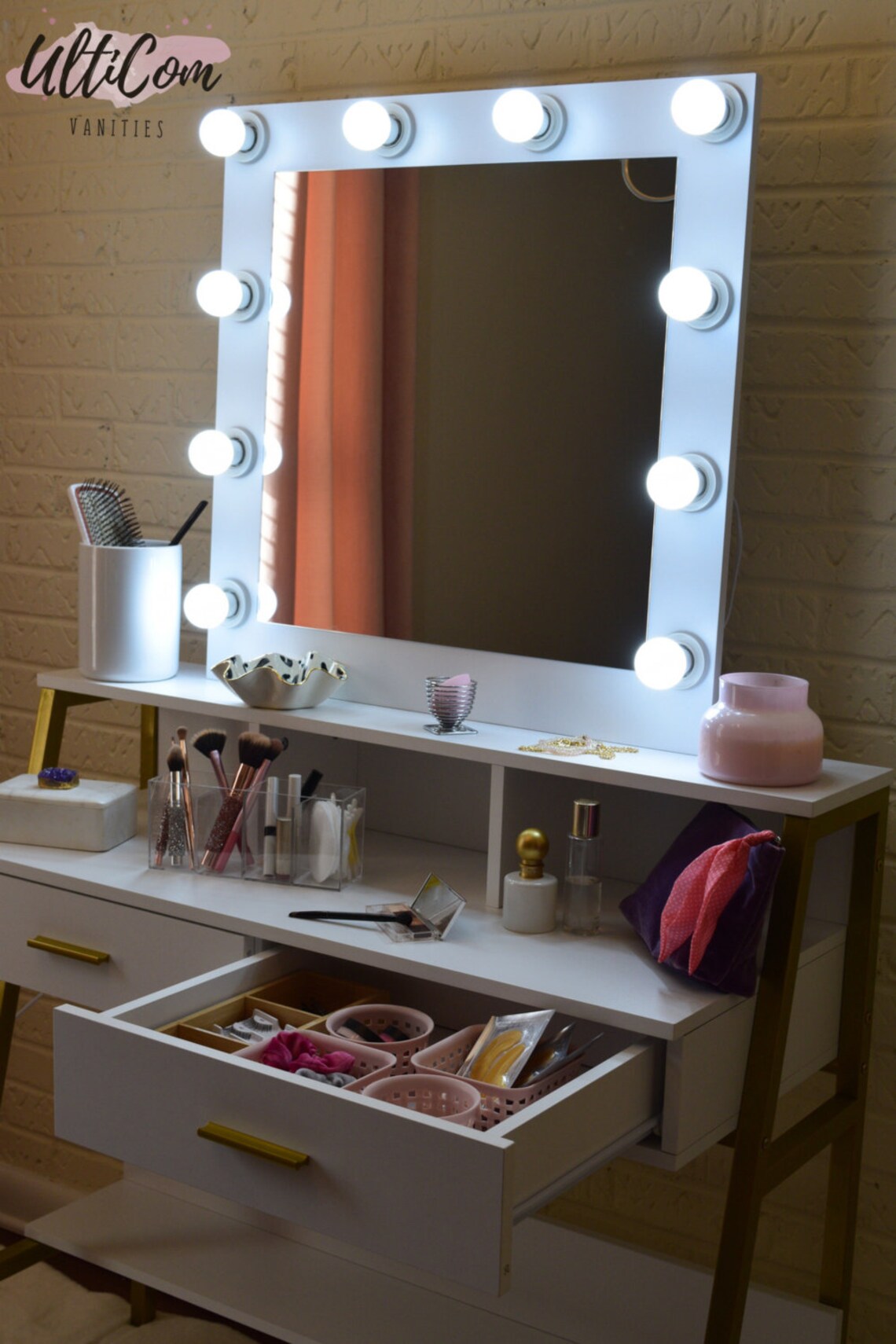 White and Gold Vanity with Mirror and Hollywood Lights Etsy
