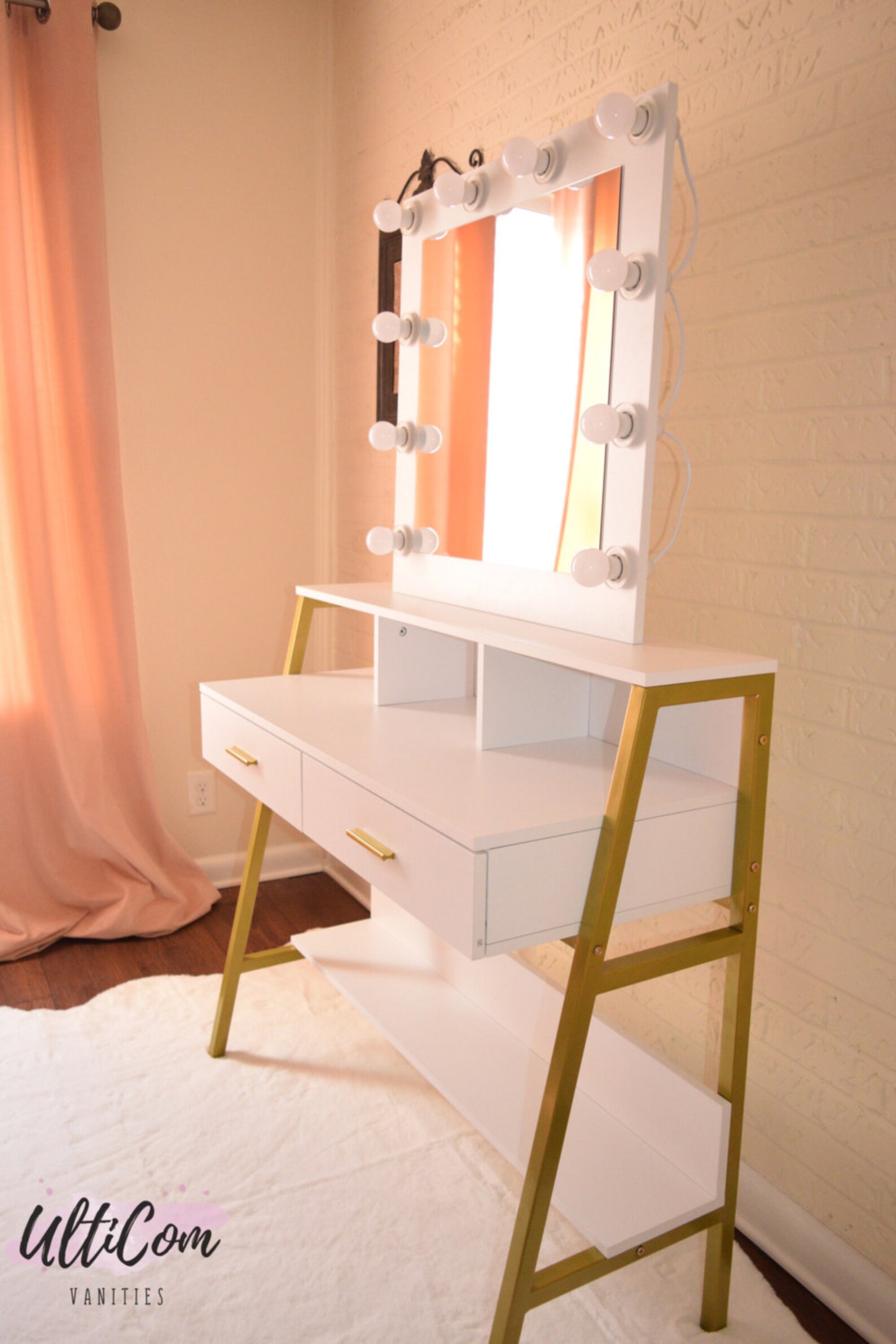 White and Gold Vanity with Mirror and Hollywood Lights Etsy
