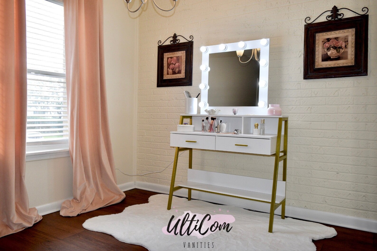 White and Gold Vanity with Mirror and Hollywood Lights Etsy