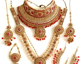 Indian Bollywood Jewellery Padmavati Red Gold Bridal Kundan Wedding Jewelery Set 9 PC