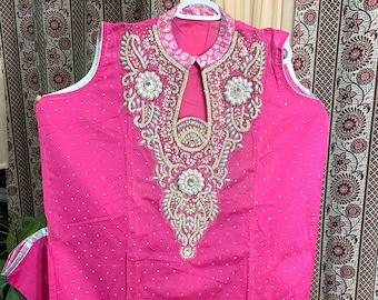 Indian Embroidery Stone work Semi Stitched Shirt 4pc Cotton Suit For women And Girls