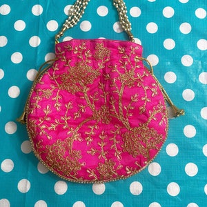 Beautiful Indian Handmade Bridal  Pouches Bag Gold Color Silk Tilla Embroidery Work Pearl Handle Pouches