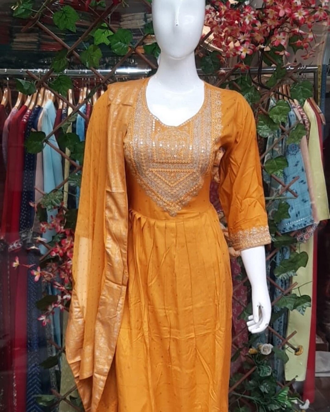 Mustard Yellow Satin Net Suit with Heavy Jacket