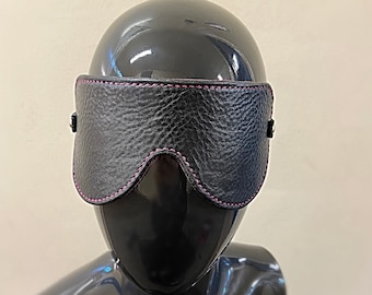 Black Leather Blindfold with Pink Stitching, Elastic Strap