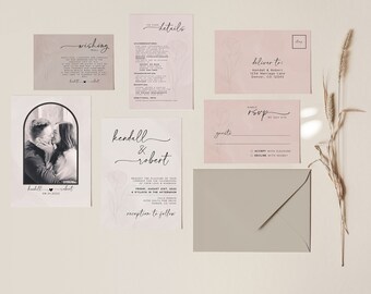 Blush Rose Wedding Invitation Template Set | Floral Wedding Invitation | Minimalist Wedding Invite | Editable Modern Wedding Invitation Set