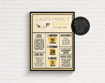 Bee Day Birthday Milestone Stats Poster | Honey Bee First Birthday Poster | Bumble Bee Birthday Board | First Bee Day | Instant Download