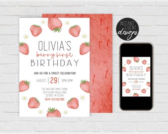 Berry First Birthday Invitation Template |  Modern Strawberry Invitation | Watercolor Strawberry Birthday Invite | First Birthday | Instant