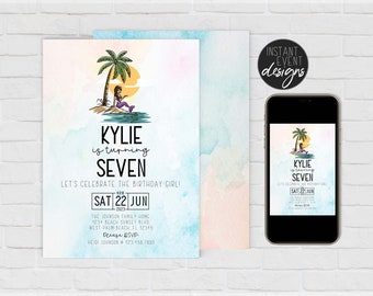 Mermaid Birthday Invitation Template | Minimalistic Modern Mermaid | Editable Mermaid Watercolor Invitation | Beach Party | Summer Birthday