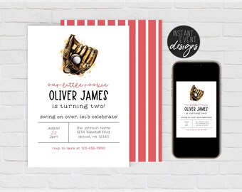 Baseball Birthday Invitation Template | Our Little Rookie | Minimalistic Modern Baseball | Baseball Watercolor Invitation | Summer Birthday