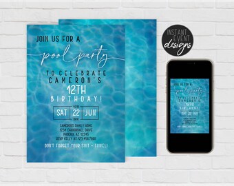 Pool Party Invitation Editable |  Boy or Girl Teen Birthday Party Invites |  Printable Digital Template | Summer Birthday Party | Pool Party
