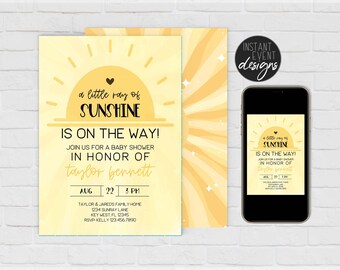 Sunshine Baby Shower Invitation |  A Little Ray Of Sunshine Is On The Way Baby Shower | Boho Sunshine Baby Shower Invite | Instant Download