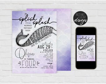 Mermaid Birthday Invitation Template | Minimalistic Modern Mermaid | Editable Mermaid Watercolor Invitation | Purple Girl Summer Birthday