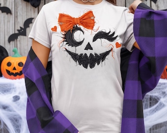 Distressed Fabric Jack-O-Lantern Face with Bow, Halloween Pumpkin Design (PNG Digital Download)