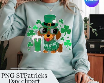 Vintage teckel St. Patrick's Day-clipart: gelukshondje, png (digitale download)