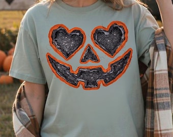 Jack O Lantern Heart Eyes PNG, Distressed Fabric Halloween Design (Digital Download)