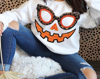 Jack O Lantern Face with Eyeglasses PNG, Impasto Paint and Sequin Halloween Art (Digital Download)