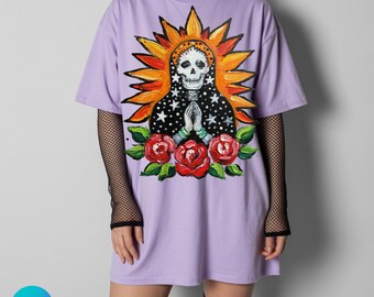 Mexican Folk Art Skeleton PNG, Impasto Floral Skull Digital Download, Day of the Dead Art, Roses and Sunburst Design, 2 Options