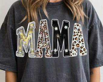 Mama PNG Digital Download, 5 Styles Rhinestone Chrome Leopard Print Mama Design, Glam Mom Sublimation Graphic, High Quality PNG