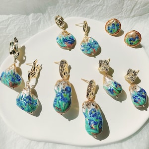 Van Gogh Flowers Earrings/Van Gogh Earrings/ Blue Irises Earrings/Impressionist Art Earrings/Famous Painting Inspired/Handpainted Earrings