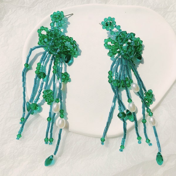 Extra Long Green Beaded Earrings With Crystals, Green Beaded Dangle Earrings, Long Fringe Earrings, Long Beaded Earrings Mother's Day Gift