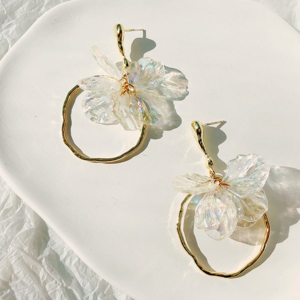 Gold Hoop Flower Earrings/Cluster Petal Earrings/Floral Earrings/Statement Gold Circle Hoop For Women/Design Earrings/Bridesmaid Earrings