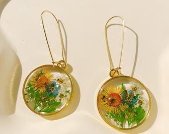 Real Pressed Flower Earrings, Gold Botanical Resin Jewelry
