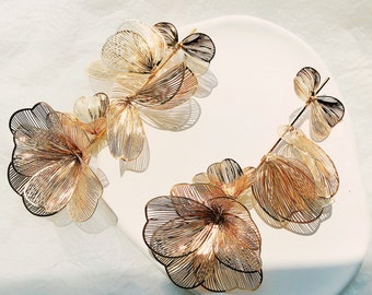 Exaggerated Gold Flower Earrings / Cascading Floral Dangles / Huge Summer Statement Earrings / Long Shoulder Dusters / Gift for Her