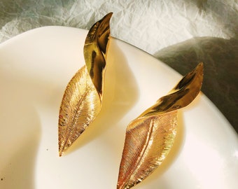 Big Gold Leaf Earrings/Gold Statement Leaf Stud Earrings/Big Leaf Studs/ Folded Leaf/Long Leaf Earrings/large nouveau gold earrings