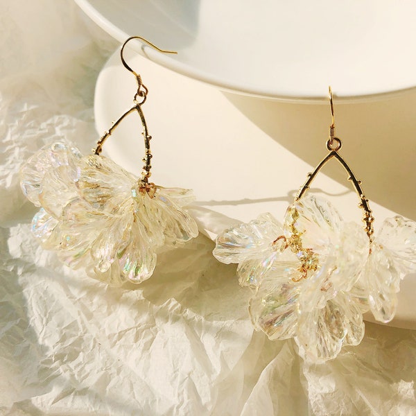 Teardrop Hoop  Flower Earrings/Cluster Petal Earrings/Large Gold Hoops With Clear Flower Petal Earrings/Boho Hoop Earrings