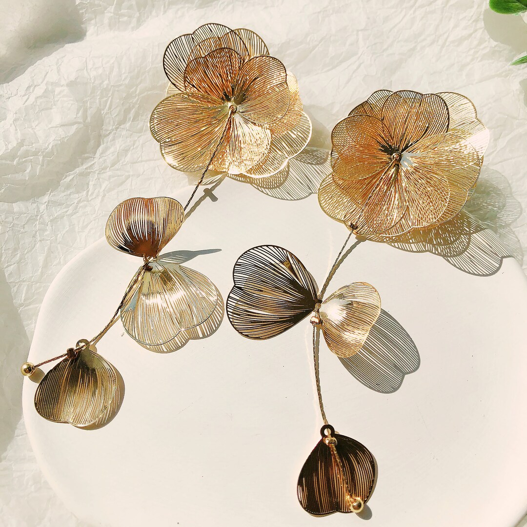 Exaggerated Large Gold Flower Earrings/cascading Flower Earrings/huge Floral Dangle Earrings Long Earrings Shoulder Dusters/huge Earrings - Etsy
