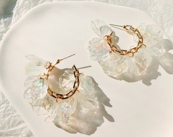 Flower Petal Hoop Earrings/ Gold Hoop Earrings/ White Flower Hoop Earrings/ Large Flower Hoops/ Flower Petal Earrings/ Gift For Her