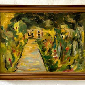 May include: A framed oil painting depicting a path through a lush green garden with a building in the background. The painting features a variety of shades of green, yellow, and brown, creating a sense of depth and texture.