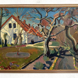 Spännande expressionistisk, vårstämning i trädgården, original oljemålning från 1940