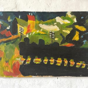Expressionist, landskap med ånglok, gammal oljemålning cirka 1930