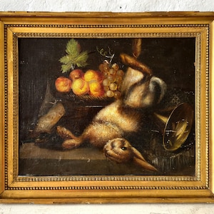 Very old still life with hunting, trophies and fruit, oil painting around 1860