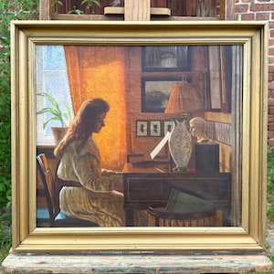 Fine interior scene with a young woman playing the piano. High-quality oil painting, circa 1900