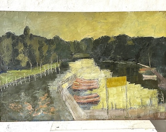 May include: A painting of a lake scene with trees and boats. The lake is a muted green and blue, and the trees are a dark green. The boats are red and yellow and are docked at a wooden pier. The sky is a pale yellow.