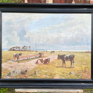 Very great romantic, cows at the watering place, oil painting from 1929