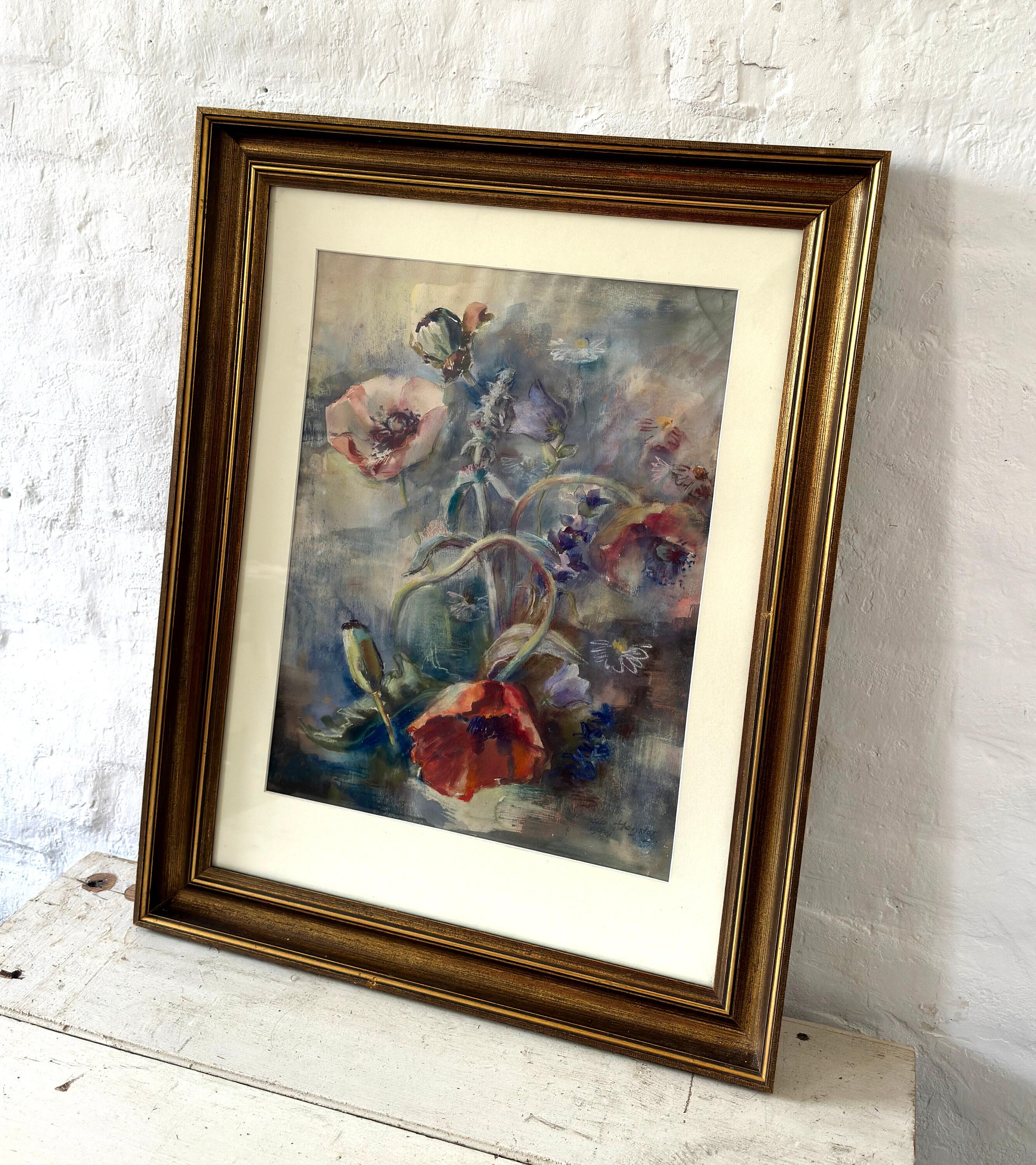 花の静物画、現代水彩画、マグダ・ハーグストッツ、ドイツ、1944年