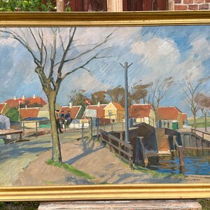 Scandinavian village by the bridge, impressionistic, oil painting around 1930