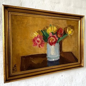 Flores en jarrón, impresionista, antigua pintura al óleo de 1942